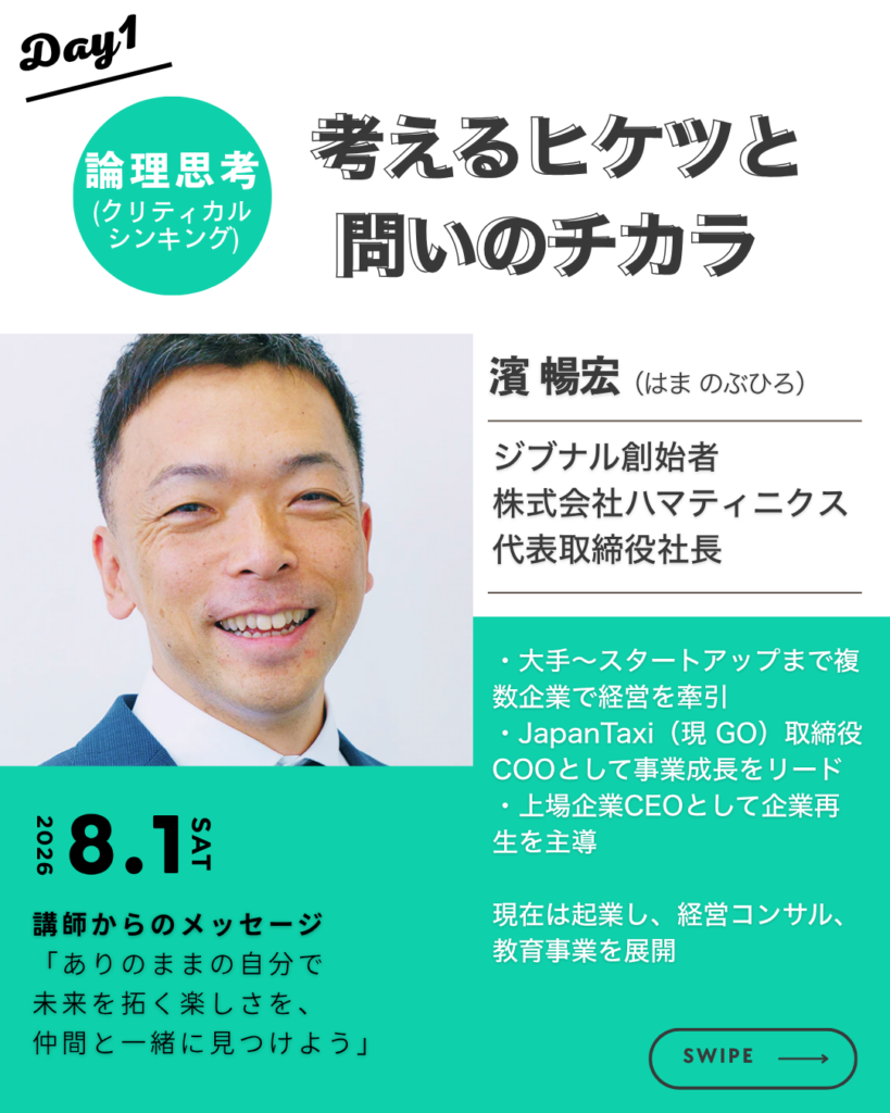 Day1「論理思考（クリティカルシンキング） 考えるヒケツと問いのチカラ」を紹介する画像。ジブナル創始者・濱暢宏による講義案内。