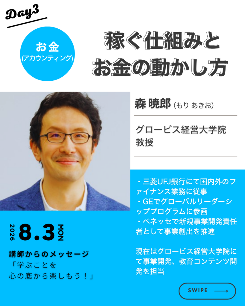 Day3「お金（アカウンティング） 稼ぐ仕組みとお金の動かし方」を紹介する画像。グロービス経営大学院教授・森暁郎による講義案内。